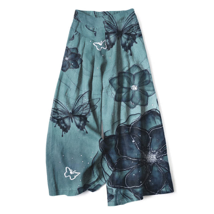 Buddha Stones Pantalon large en coton et lin à motif floral papillon pour femme, taille élastique et poches - Turquoise moyen - US16，UK/AU20，EU48 (3XL) - image 7