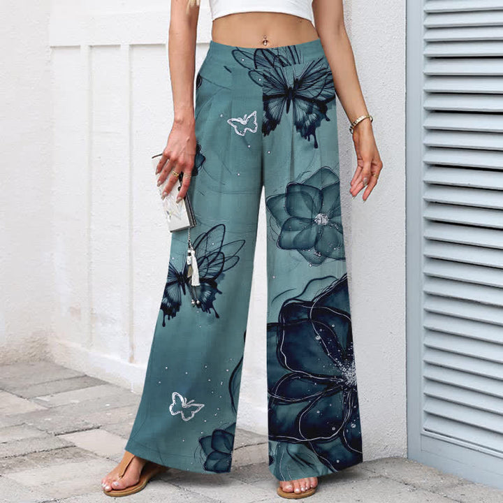 Buddha Stones Pantalon large en coton et lin à motif floral papillon pour femme, taille élastique et poches - image 8