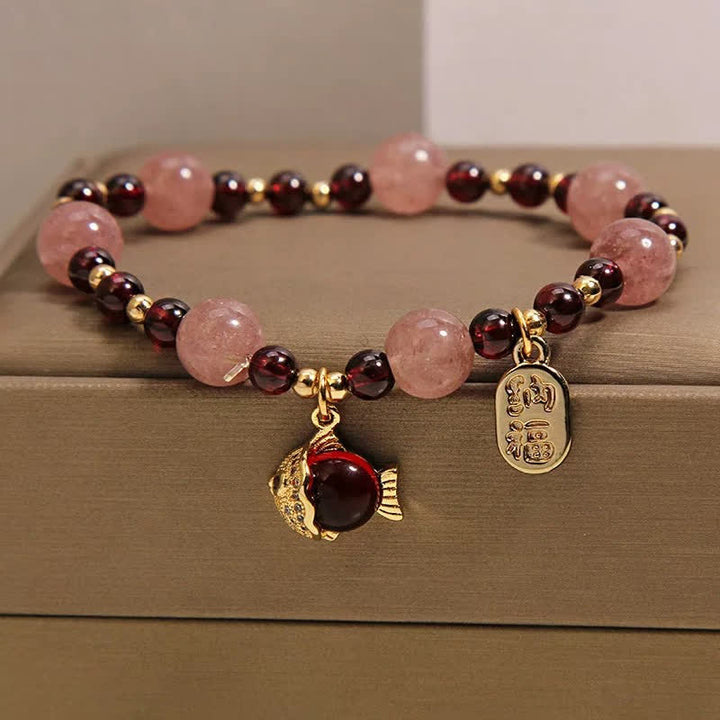 Buddha Stones Bracelet de guérison en quartz fraise et grenat, motif carpe koï et poisson Fu - image 1