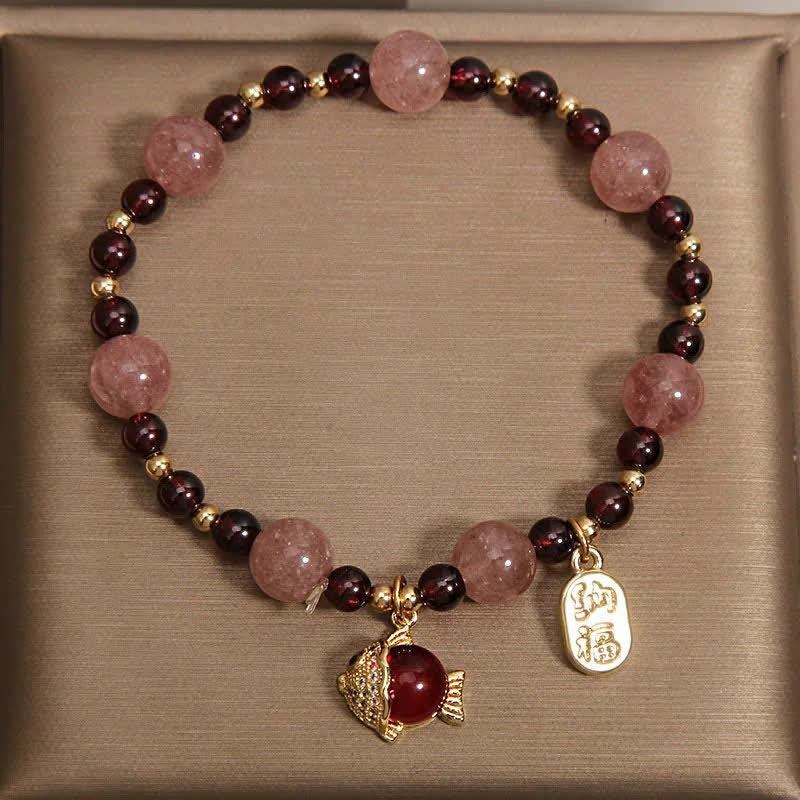 Buddha Stones Bracelet de guérison en quartz fraise et grenat, motif carpe koï et poisson Fu - image 3
