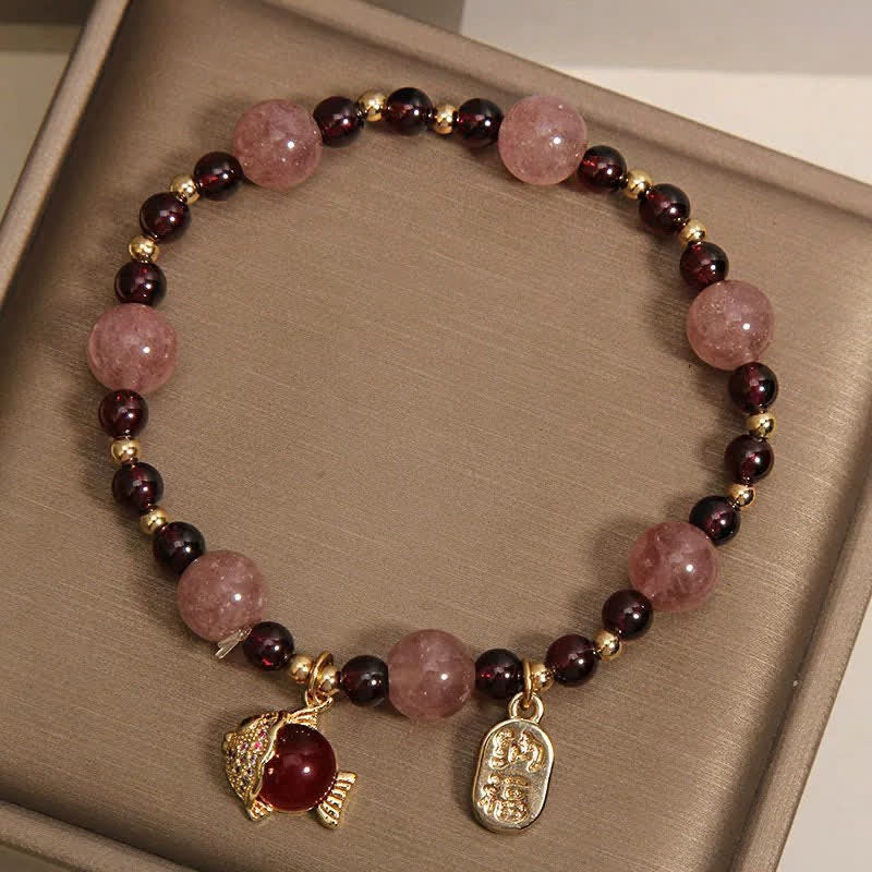 Buddha Stones Bracelet de guérison en quartz fraise et grenat, motif carpe koï et poisson Fu - image 4