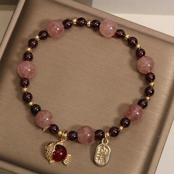 Buddha Stones Bracelet de guérison en quartz fraise et grenat, motif carpe koï et poisson Fu - image 4