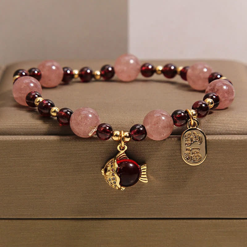 Buddha Stones Bracelet de guérison en quartz fraise et grenat, motif carpe koï et poisson Fu - Poisson Koi (Succès ♥ Détermination) - image 0