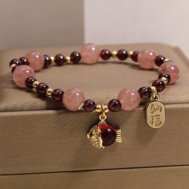 Buddha Stones Bracelet de guérison en quartz fraise et grenat, motif carpe koï et poisson Fu - image 2