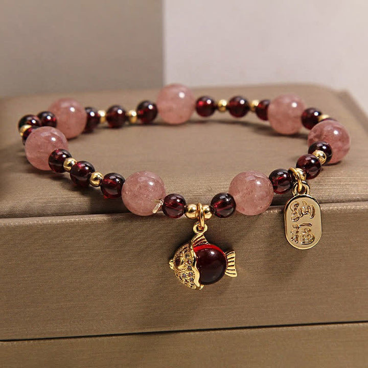 Buddha Stones Bracelet de guérison en quartz fraise et grenat, motif carpe koï et poisson Fu - image 2