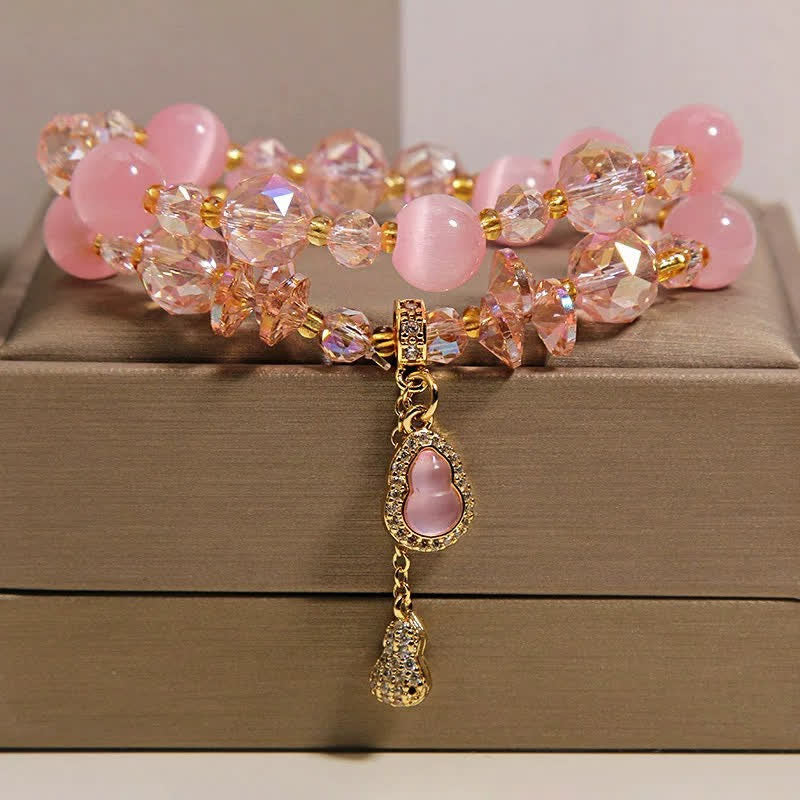 Buddha Stones Bracelet à perles double couche avec pendentif en forme de calebasse et œil de chat - Œil de chat rose - image 0
