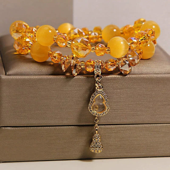 Buddha Stones Bracelet à perles double couche avec pendentif en forme de calebasse et œil de chat - Œil de chat jaune - image 5