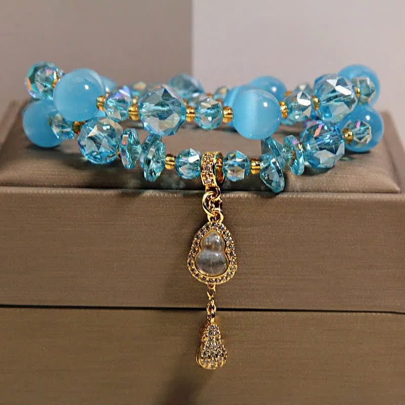 Buddha Stones Bracelet à perles double couche avec pendentif en forme de calebasse et œil de chat - Œil de chat bleu - image 12