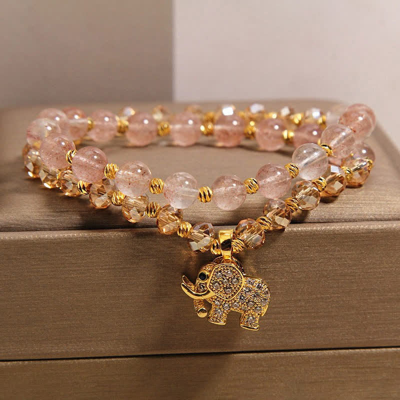 Buddha Stones Bracelet de guérison éléphant en quartz fraise à double enroulement - image 1