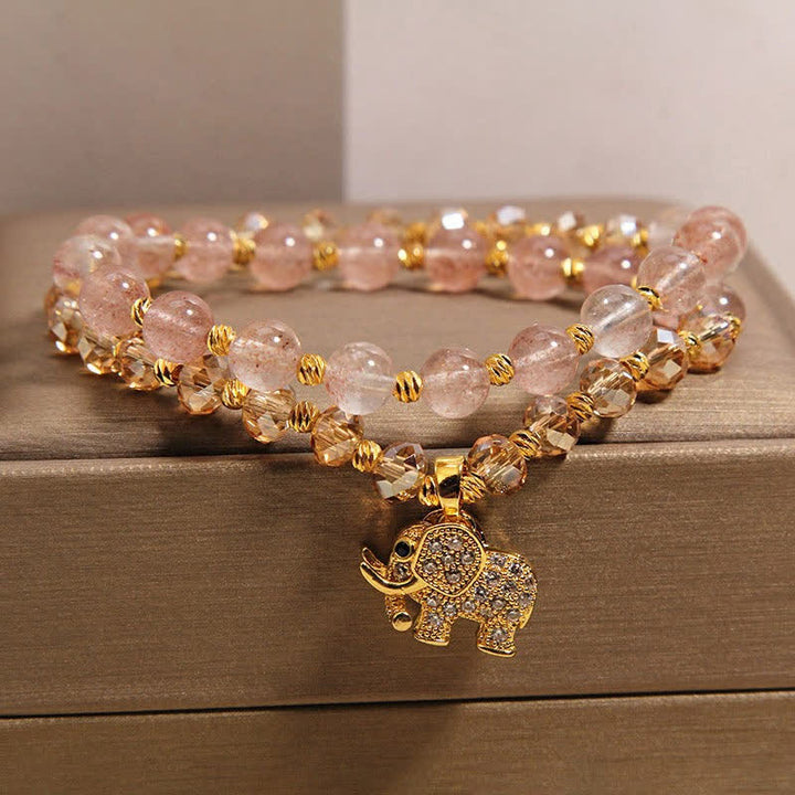 Buddha Stones Bracelet de guérison éléphant en quartz fraise à double enroulement - image 1