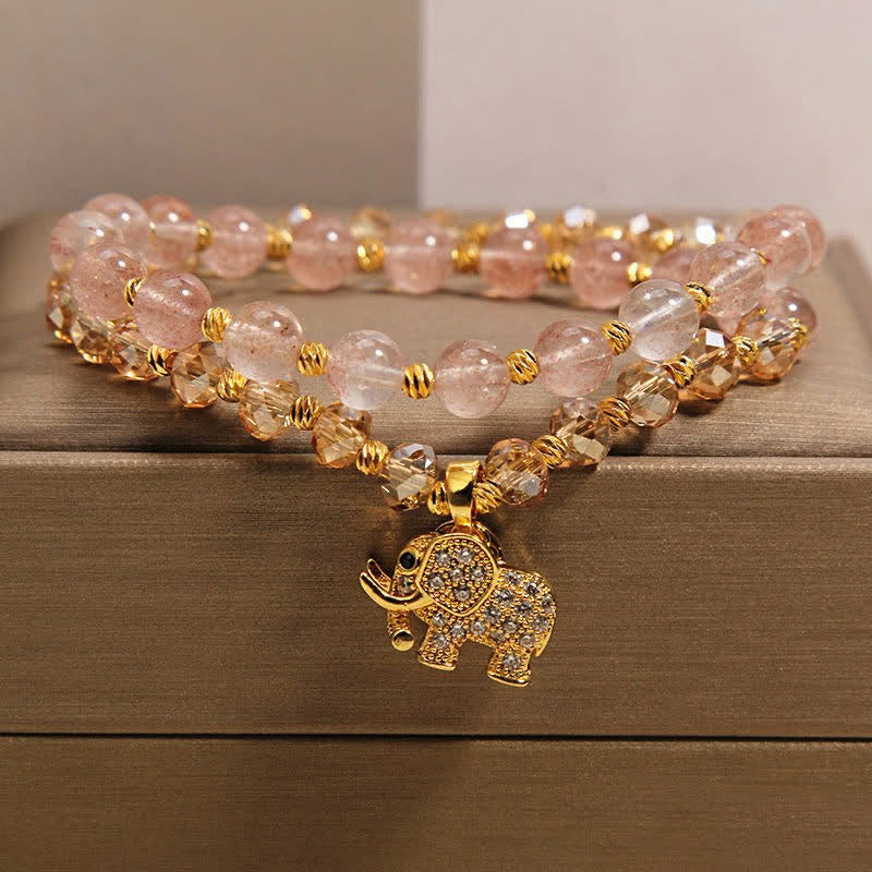Buddha Stones Bracelet de guérison éléphant en quartz fraise à double enroulement - Éléphant (Force ♥ Sagesse) - image 0