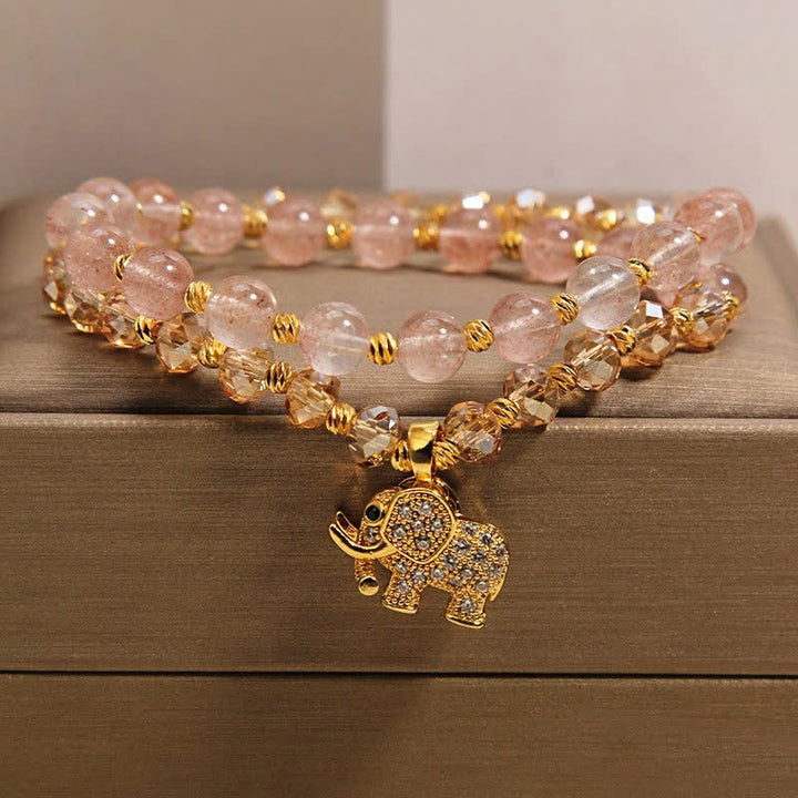 Buddha Stones Bracelet de guérison éléphant en quartz fraise à double enroulement - Éléphant (Force ♥ Sagesse) - image 0