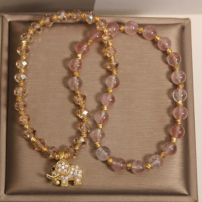Buddha Stones Bracelet de guérison éléphant en quartz fraise à double enroulement - image 9