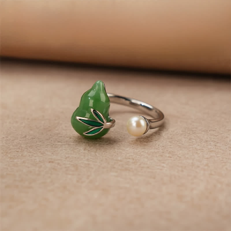 Buddha Stones Bague de positivité ajustable ouverte en forme de feuille de perle et de courge en aventurine verte - image 1