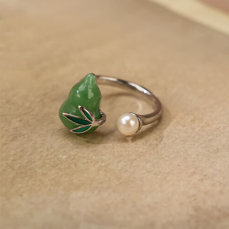 Buddha Stones Bague de positivité ajustable ouverte en forme de feuille de perle et de courge en aventurine verte - Gourde - image 0