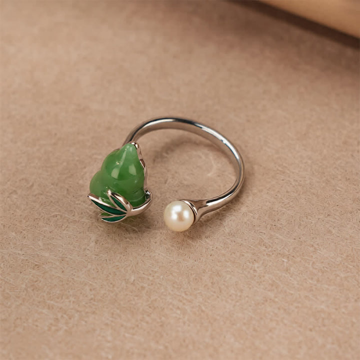 Buddha Stones Bague de positivité ajustable ouverte en forme de feuille de perle et de courge en aventurine verte - image 2