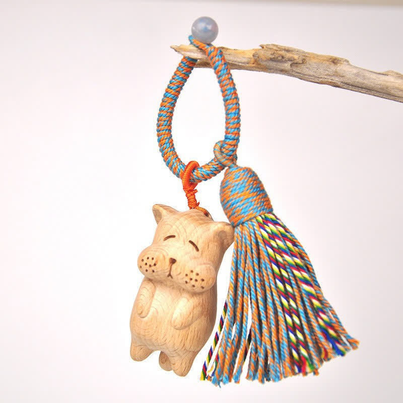 Buddha Stones Porte-clés porte-bonheur en bois clair sculpté à la main avec pompon chat, symbole d'ancrage - Chien bleu - image 23