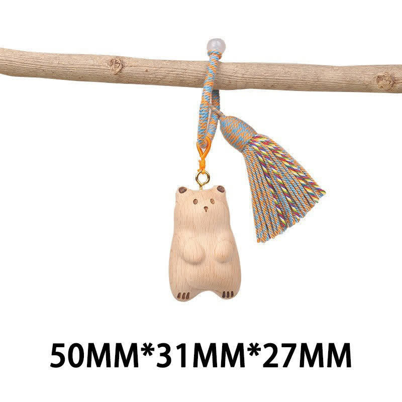 Buddha Stones Porte-clés porte-bonheur en bois clair sculpté à la main avec pompon chat, symbole d'ancrage - Ours en peluche bleu - image 30