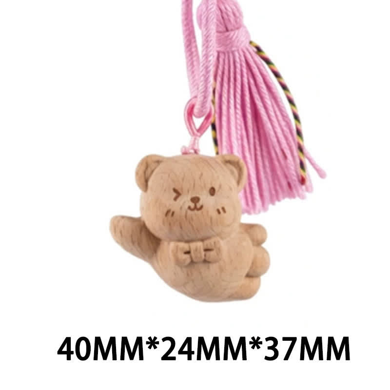Buddha Stones Porte-clés porte-bonheur en bois clair sculpté à la main avec pompon chat, symbole d'ancrage - Ours rose - image 34