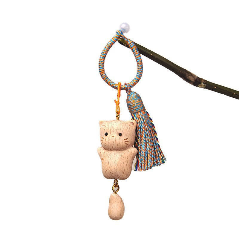 Buddha Stones Porte-clés porte-bonheur en bois clair sculpté à la main avec pompon chat, symbole d'ancrage - Chat en forme de larme bleue - image 18