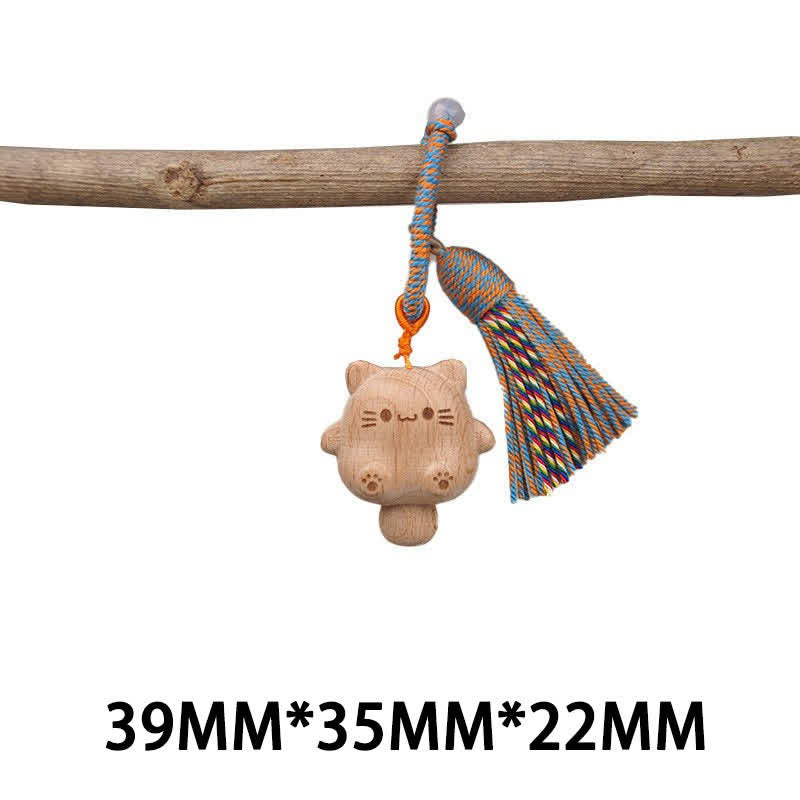 Buddha Stones Porte-clés porte-bonheur en bois clair sculpté à la main avec pompon chat, symbole d'ancrage - Patte de chat bleu - image 21
