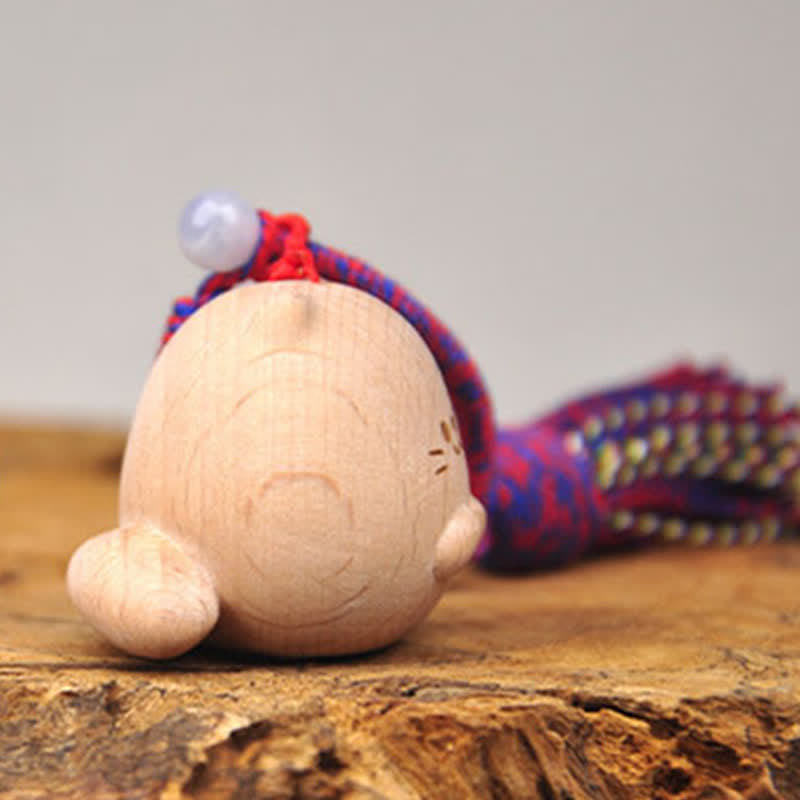 Buddha Stones Porte-clés porte-bonheur en bois clair sculpté à la main avec pompon chat, symbole d'ancrage - image 7