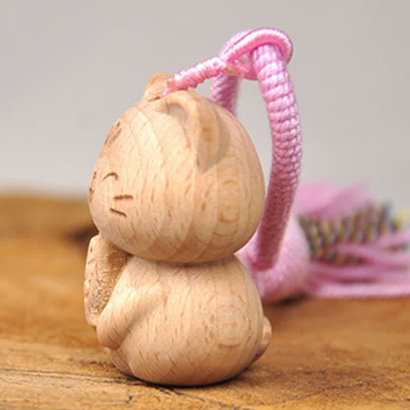 Buddha Stones Porte-clés porte-bonheur en bois clair sculpté à la main avec pompon chat, symbole d'ancrage - image 12