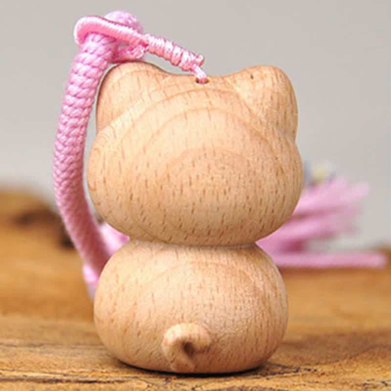 Buddha Stones Porte-clés porte-bonheur en bois clair sculpté à la main avec pompon chat, symbole d'ancrage - image 13