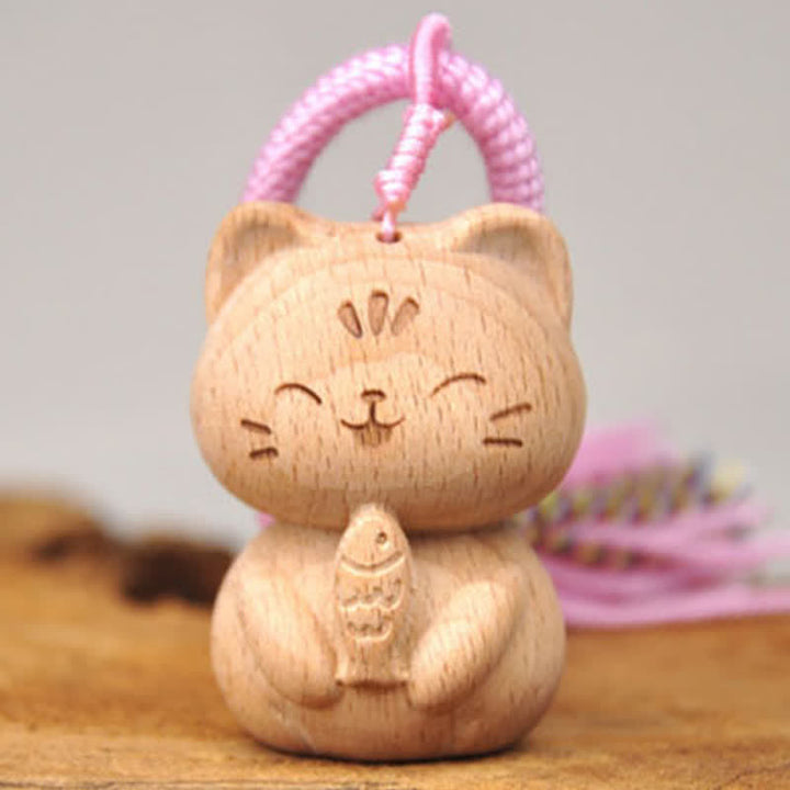 Buddha Stones Porte-clés porte-bonheur en bois clair sculpté à la main avec pompon chat, symbole d'ancrage - image 11