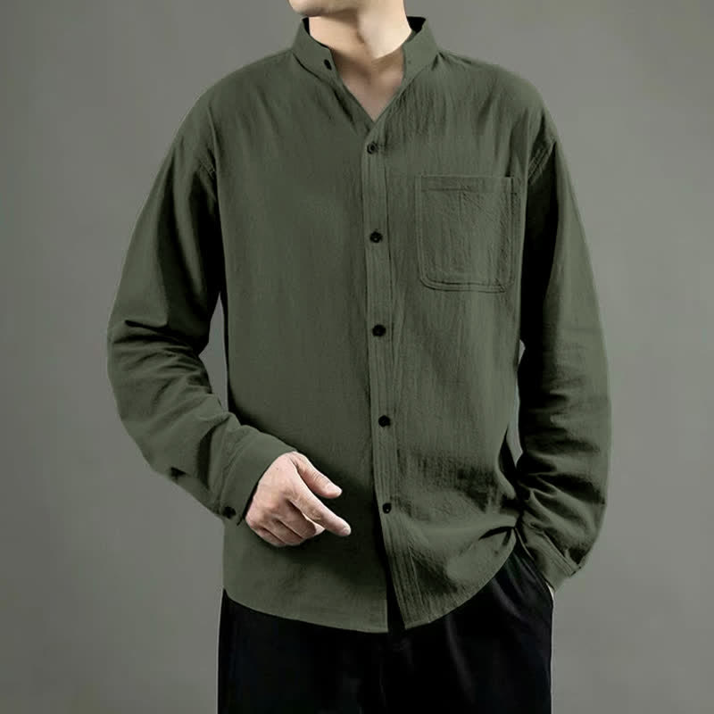 Chemise à manches longues pour homme Buddha Stones avec poche et col montant, confortable - Vert olive - US/UK/AU46，EU56 (5XL) - image 0