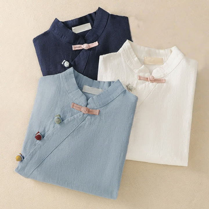Chemise à manches trois-quarts en coton et lin, style décontracté, coupe ample, col montant asymétrique, boutons brandebourg colorés, ornée de Buddha Stones. - image 25