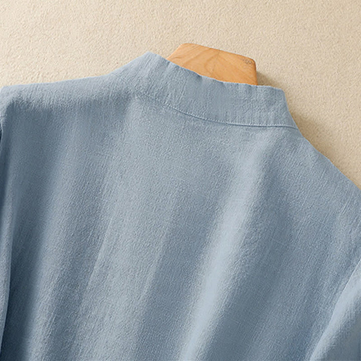 Chemise à manches trois-quarts en coton et lin, style décontracté, coupe ample, col montant asymétrique, boutons brandebourg colorés, ornée de Buddha Stones. - image 18