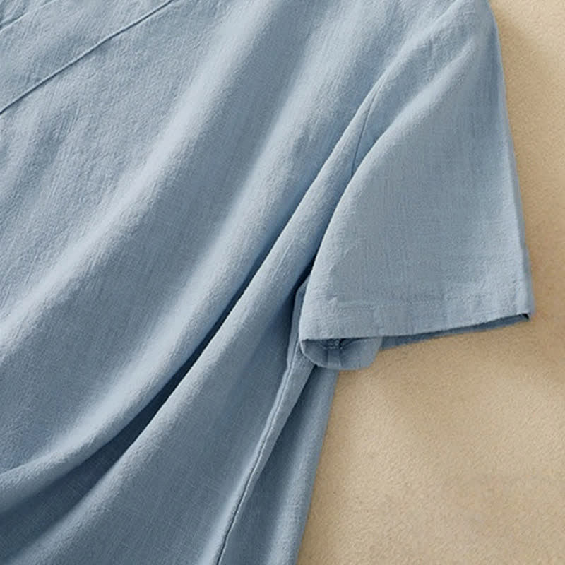 Chemise à manches trois-quarts en coton et lin, style décontracté, coupe ample, col montant asymétrique, boutons brandebourg colorés, ornée de Buddha Stones. - image 21