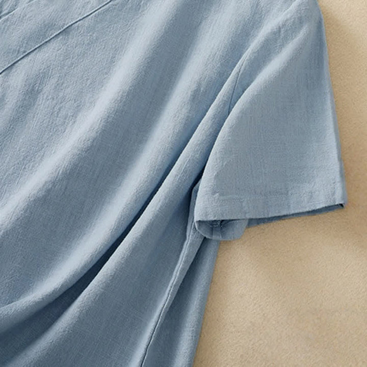 Chemise à manches trois-quarts en coton et lin, style décontracté, coupe ample, col montant asymétrique, boutons brandebourg colorés, ornée de Buddha Stones. - image 21