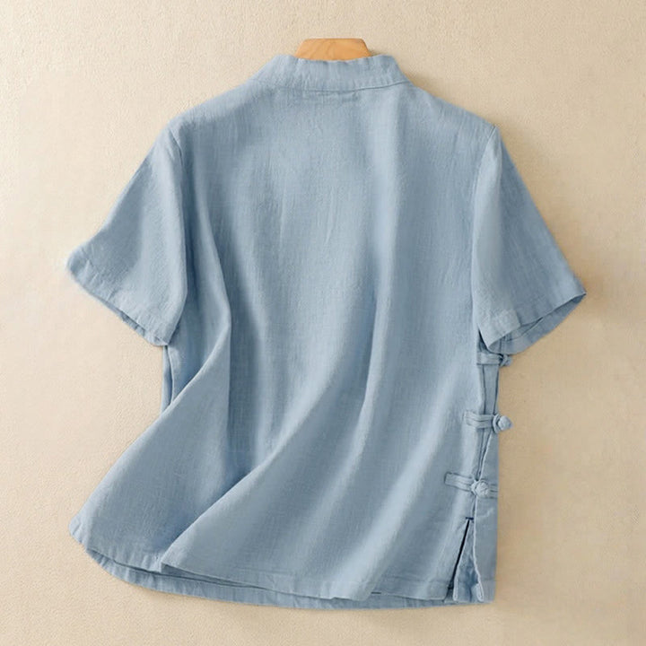 Chemise à manches trois-quarts en coton et lin, style décontracté, coupe ample, col montant asymétrique, boutons brandebourg colorés, ornée de Buddha Stones. - image 16