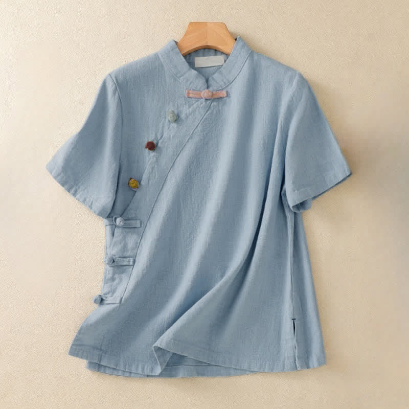 Chemise à manches trois-quarts en coton et lin, style décontracté, coupe ample, col montant asymétrique, boutons brandebourg colorés, ornée de Buddha Stones. - Bleu ciel clair - US8-10，UK/AU12-14，EU40-42 (2XL) - image 15