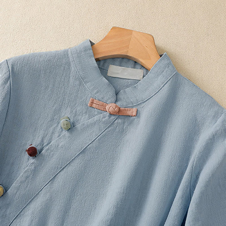 Chemise à manches trois-quarts en coton et lin, style décontracté, coupe ample, col montant asymétrique, boutons brandebourg colorés, ornée de Buddha Stones. - image 17