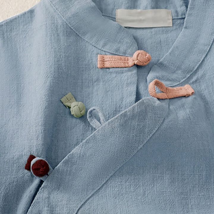Chemise à manches trois-quarts en coton et lin, style décontracté, coupe ample, col montant asymétrique, boutons brandebourg colorés, ornée de Buddha Stones. - image 19