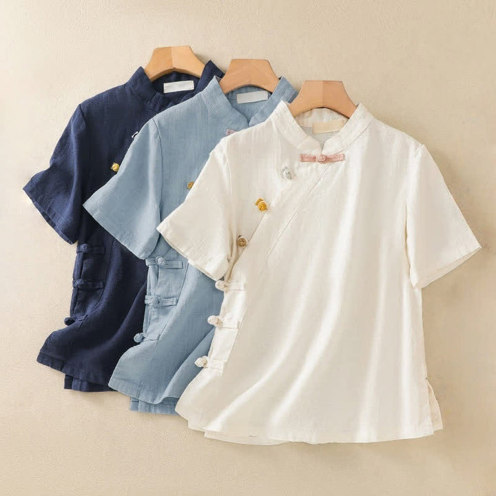 Chemise à manches trois-quarts en coton et lin, style décontracté, coupe ample, col montant asymétrique, boutons brandebourg colorés, ornée de Buddha Stones. - image 24