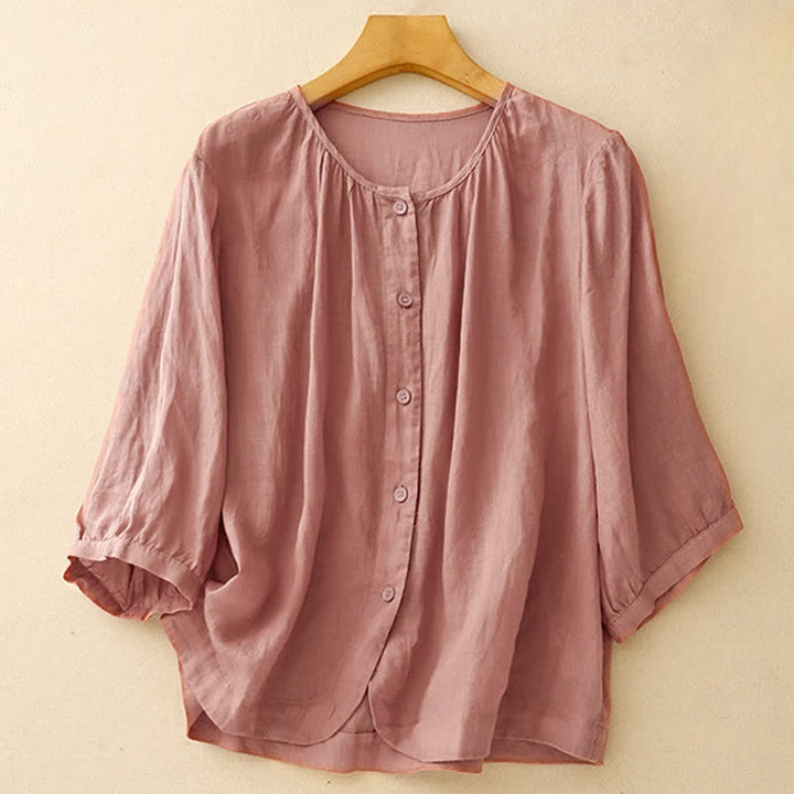 Chemise à manches trois-quarts pour femme, en mélange de matières, avec col rond et boutons, motif Buddha Stones - Rouge violet pâle - US12，UK/AU16，EU44 (2XL) - image 6