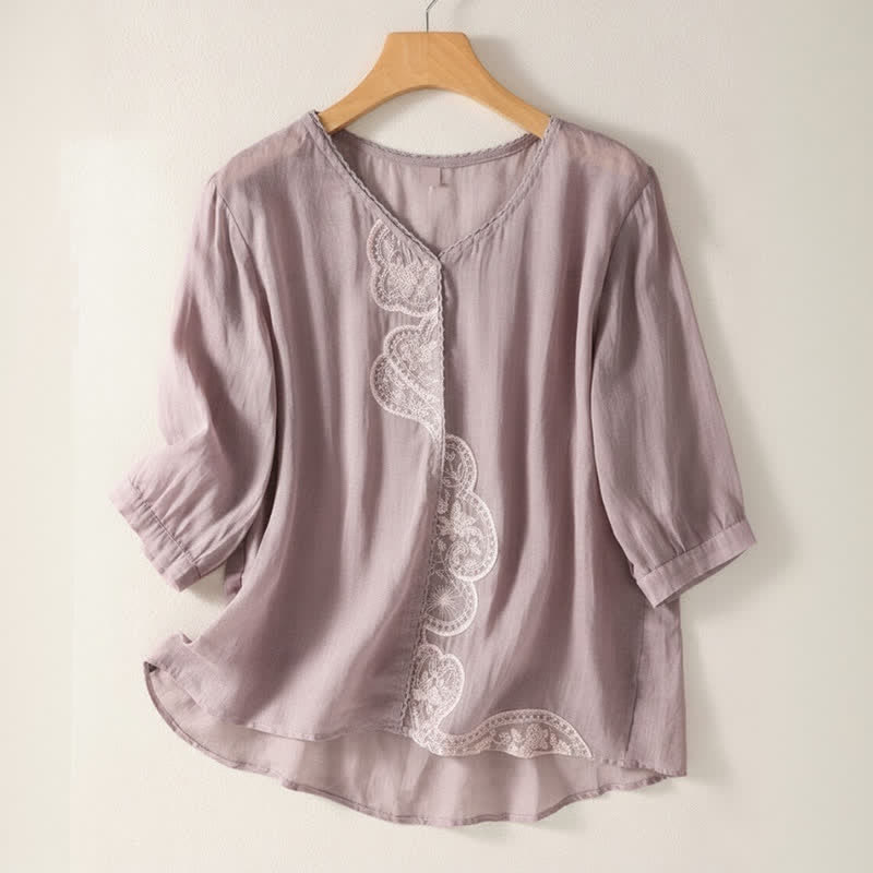 T-shirt à manches courtes et col en V pour femme, motif brodé décontracté de Buddha Stones - Prune - US14，UK/AU18，EU46 (2XL) - image 0