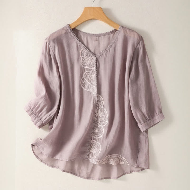 T-shirt à manches courtes et col en V pour femme, motif brodé décontracté de Buddha Stones - Prune - US14，UK/AU18，EU46 (2XL) - image 0