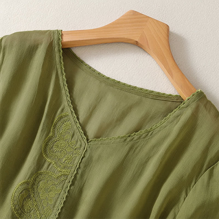 T-shirt à manches courtes et col en V pour femme, motif brodé décontracté de Buddha Stones - image 18