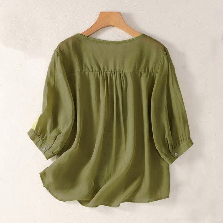 T-shirt à manches courtes et col en V pour femme, motif brodé décontracté de Buddha Stones - image 17