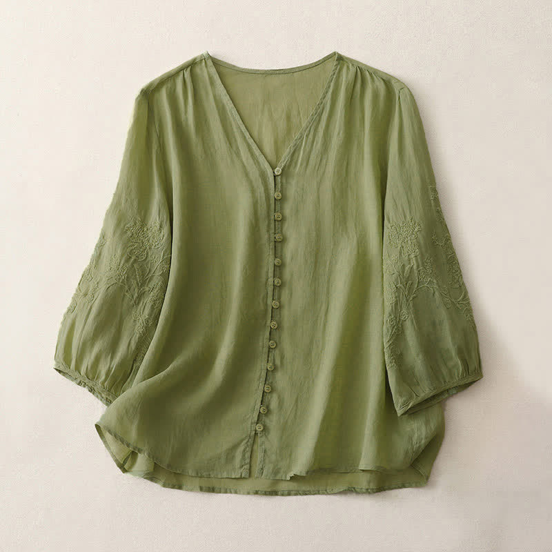 Chemise boutonnée pour femme avec broderie de Buddha Stones - JauneVert - US8-10，UK/AU12-14，EU40-42 (2XL) - image 0