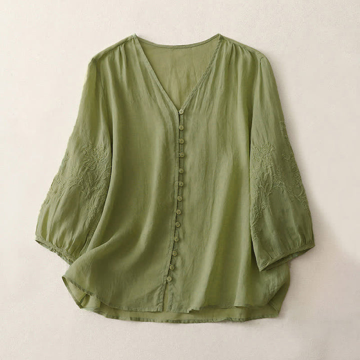 Chemise boutonnée pour femme avec broderie de Buddha Stones - JauneVert - US8-10，UK/AU12-14，EU40-42 (2XL) - image 0