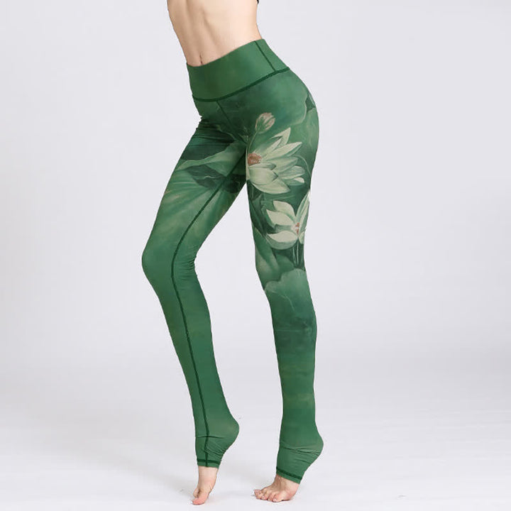 Pantalon de yoga imprimé Buddha Stones Lotus Flower pour femme - Lotus vert - US8-10，UK/AU12-14，EU40-42 (XL) - image 0