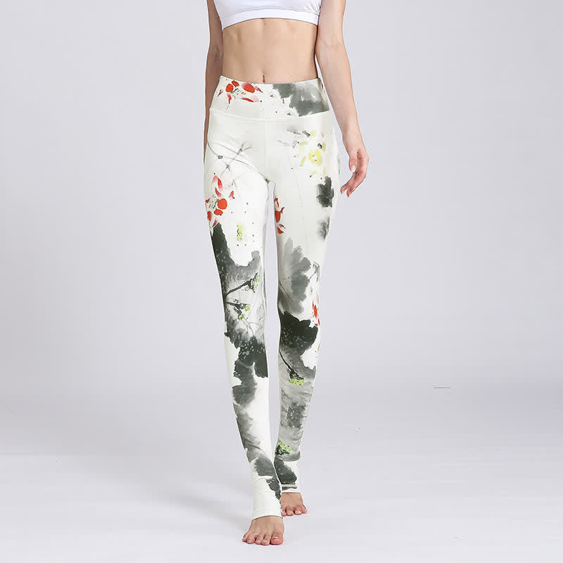 Pantalon de yoga pour femme avec imprimé de Buddha Stones et de fleurs de lotus - Lotus à l'encre blanche - US8-10，UK/AU12-14，EU40-42 (XL) - image 26