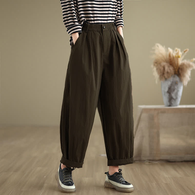 Pantalon femme Buddha Stones décontracté, couleur unie, avec un bouton et taille élastique, poches - SaddleBrown - US8-10，UK/AU12-14，EU40-42 (2XL) - image 0