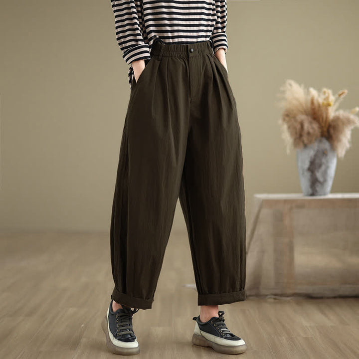 Pantalon femme Buddha Stones décontracté, couleur unie, avec un bouton et taille élastique, poches - SaddleBrown - US8-10，UK/AU12-14，EU40-42 (2XL) - image 0